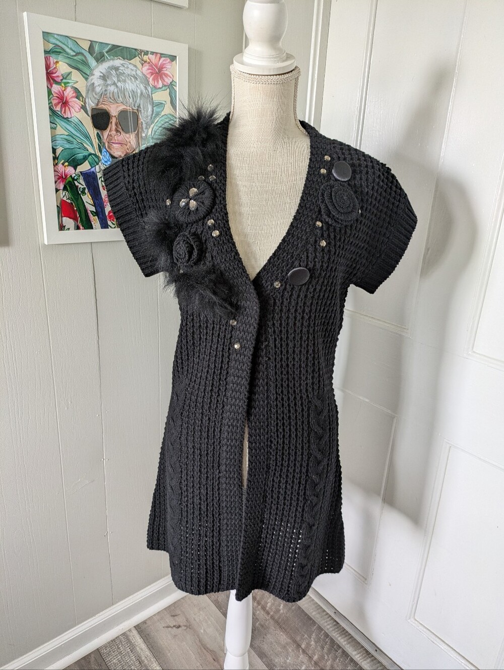 Y2K Black Short Sleeve Sweater Rhinestone Crochet Flower Fauc Fur Trim McBling S